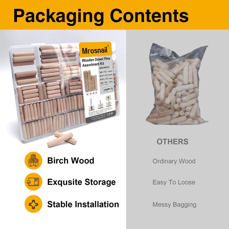 Mrosnail 260 Pcs Wooden Dowel Pins in 4 Sizes, 1/4, 5/16, 3/8 inch Fluted Wood Dowels Hardwood Pegs for Table Legs, Wooden Frames, Bookshelves - Image 3